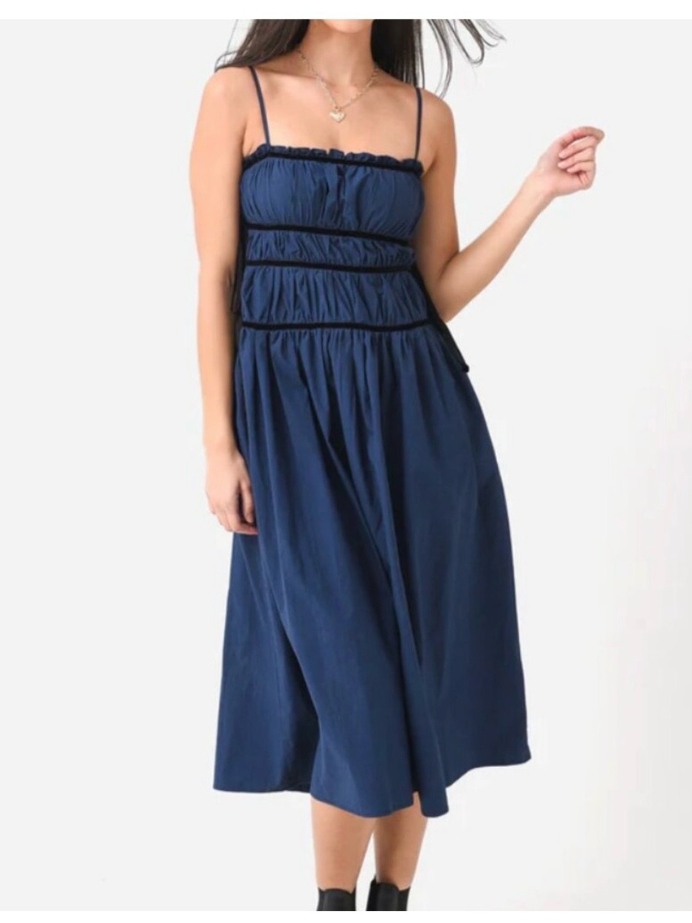 Ciao Lucia Elettra Navy Blue Tiered Midi Dress with Spaghetti Straps